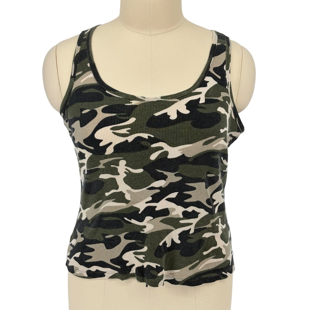 Venezia Jeans Tank Top Green Camo Ribbed 100% Cotton 18/20 Vintage